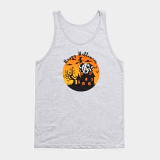 Dalmatian Dog Head with Haunted Mansion and Happy Halloween Sign Tank Top